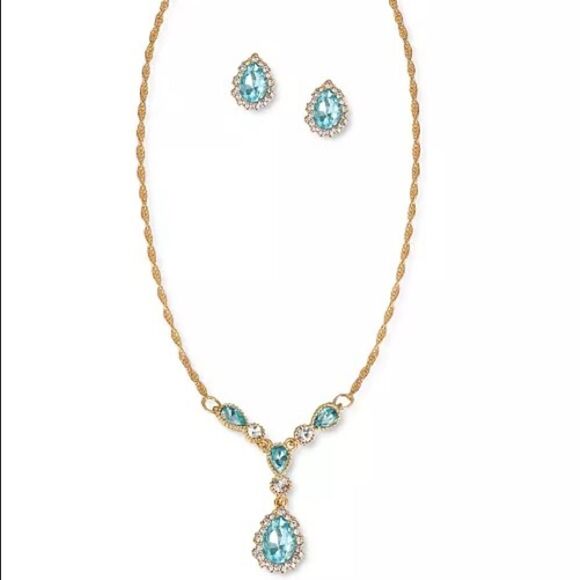 NIB Charter Club Crystal Pear-Shape Halo Lariat Necklace & Stud Earrings Set - Picture 1 of 7
